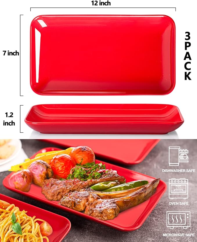 DELLING 12 Inch Rectangular Serving Platter Set of 3, Red Porcelain Serving Plates, Appetizer Salad Dessert Trays for Party, Christmas Valentine's Day Entertaining, Microwave Dishwasher Oven Safe