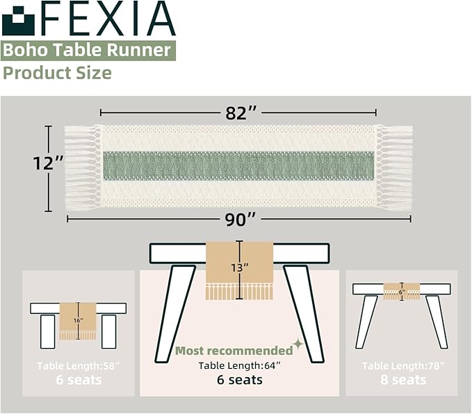 FEXIA Sage Green Table Runner 90 Inches Long with Tassels Boho Macrame Farmhouse Table Runners for Home Decor Party Bohemian Rustic Bridal Shower Dining Decor (12x90 Inches)