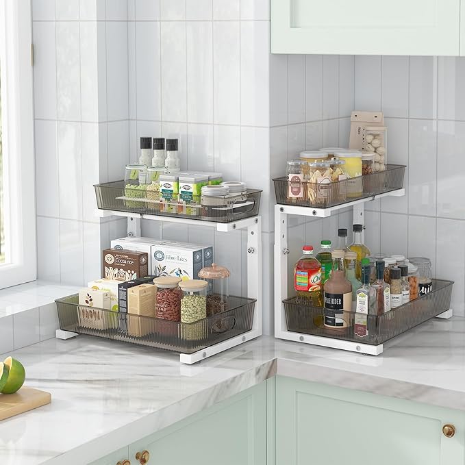 ADRIMER Under Sink Organizer 2 Packs, Pull Out Kitchen Sink Organizer, 2 Tier Slide Out Kitchen Organizers and Storage Bathroom Under Cabinet Storage Shelf, Grey & White
