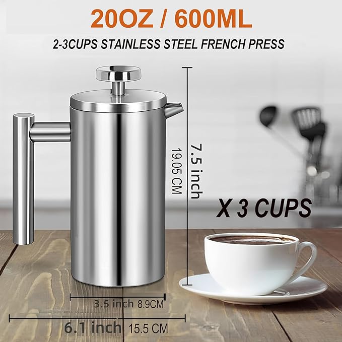 Small French Press Stainless Steel Coffee Maker 21oz(3 Cups), Double Wall Insulated for Hot& Cold Brew, Compact Coffee& Tea Press for Camping, Office, Travel with 3 Ultra-Fine Filters & Spoon- Silver