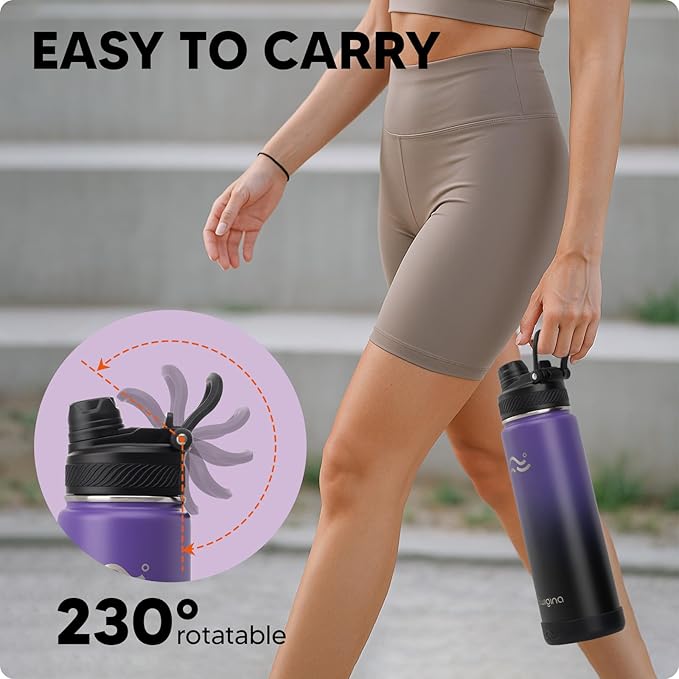 Swigina [2-IN-1 LID] Insulated Water Bottle with Silicone Boot (36hrs Cold/18hrs Hot) - DIY Stickers, Leakproof, BPA Free, 24 oz
