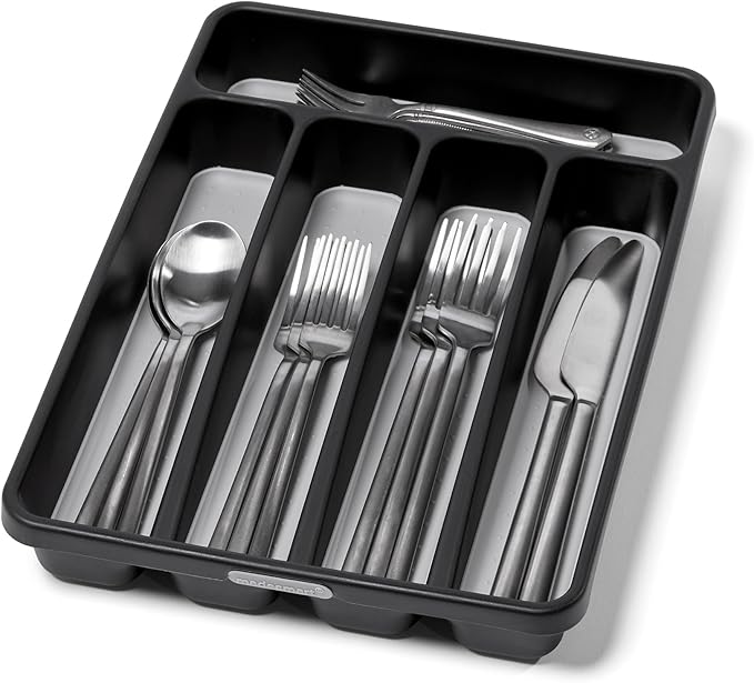 madesmart Classic Mini Silverware Tray, Soft Grip, Non-Slip Kitchen Drawer Organizer, 5 Compartments, Multi-Purpose Home Organization, BPA Free, Granite