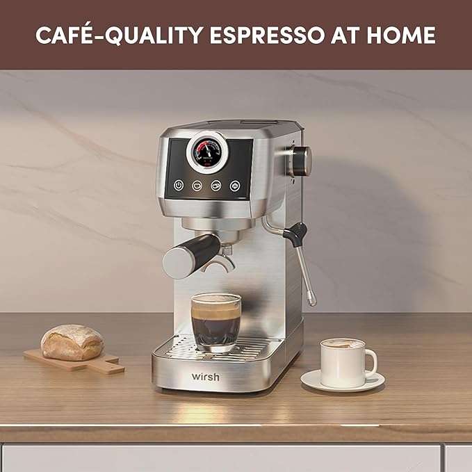 wirsh Espresso Machine, 20 Bar Semi-Automatic Espresso Maker with Pressure Gauge, Steam Wand, Stainless Steel Expresso Coffee Machine for Espresso/Latte/Cappuccino, Touch Screen,Home Barista Plus