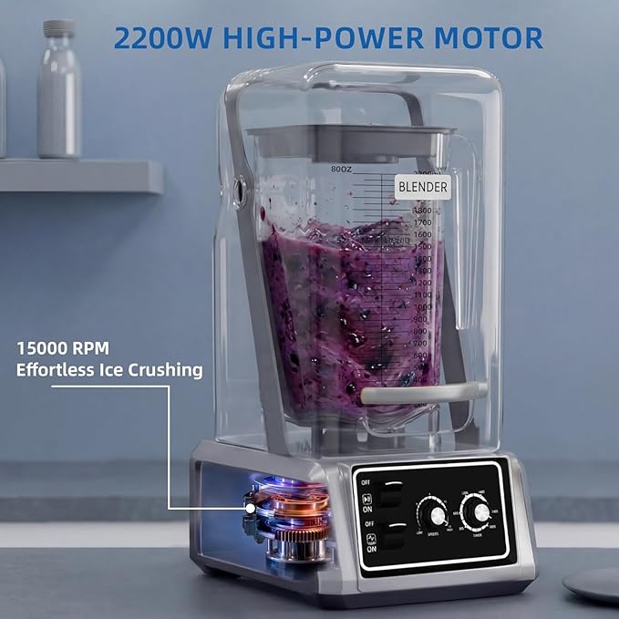BLEOU Commercial Quiet Shield Blender, 2200W Professional Smoothie Blender with Timer & 15-Speed Control, 80oz/2.2L BPA-Free Pitcher for Cafes, Bars and Home Use