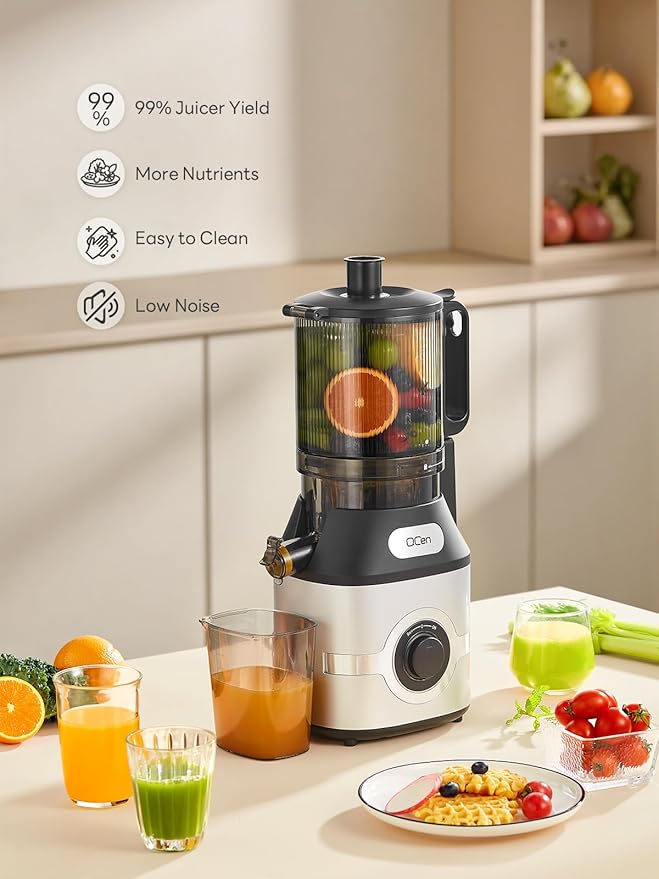 QCen Cold Press Juicer, 5.5” Wide Feed Chute Slow Masticating Juicer Machine for Whole Fruits and Vegetables, Easy to Clean (Silver)