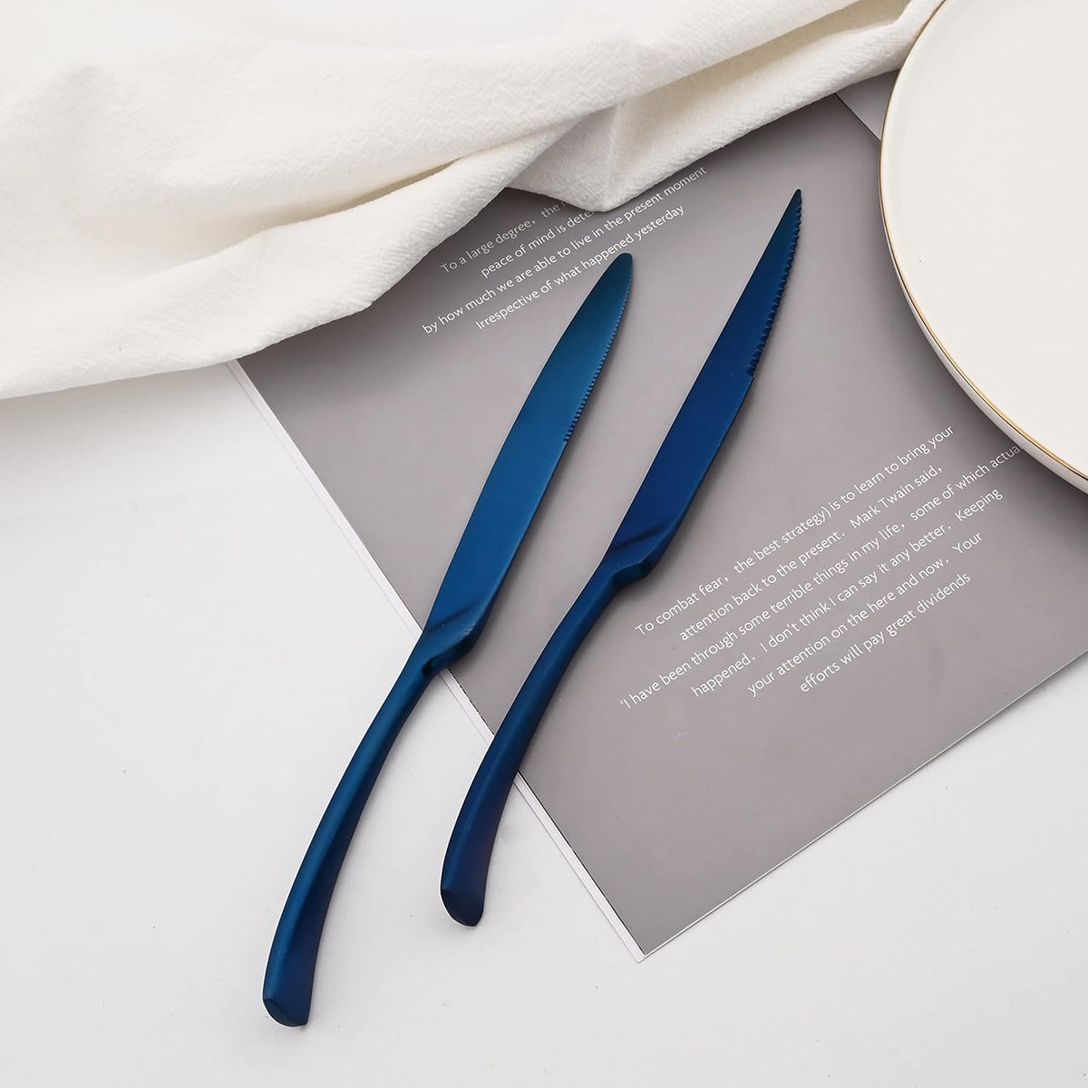 Luxury 18/10 Stainless Steel Matte Blue Flatware Set - Silverware Cutlery Utensil Set Steak Knife Spoon and Fork Knife Serving Set,Service for 1 (6-Piece)