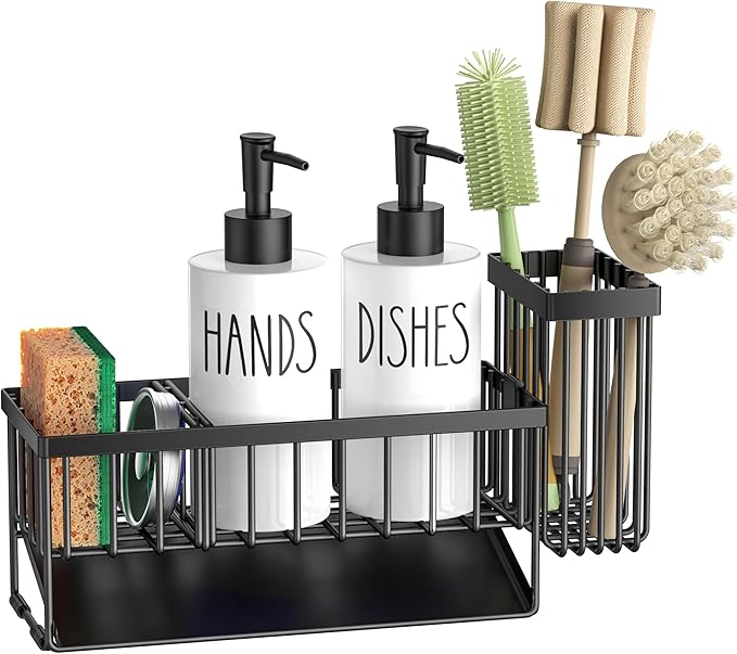 MASADI Kitchen Dish Soap Dispenser Set with Sponge Holder, 12OZ Glass Bottle, Hand and Dish Soap Dispenser Set, Non-Slip Silicone Pad, Brush Holder, Kitchen Sink Organizer Countertop (Black+White)