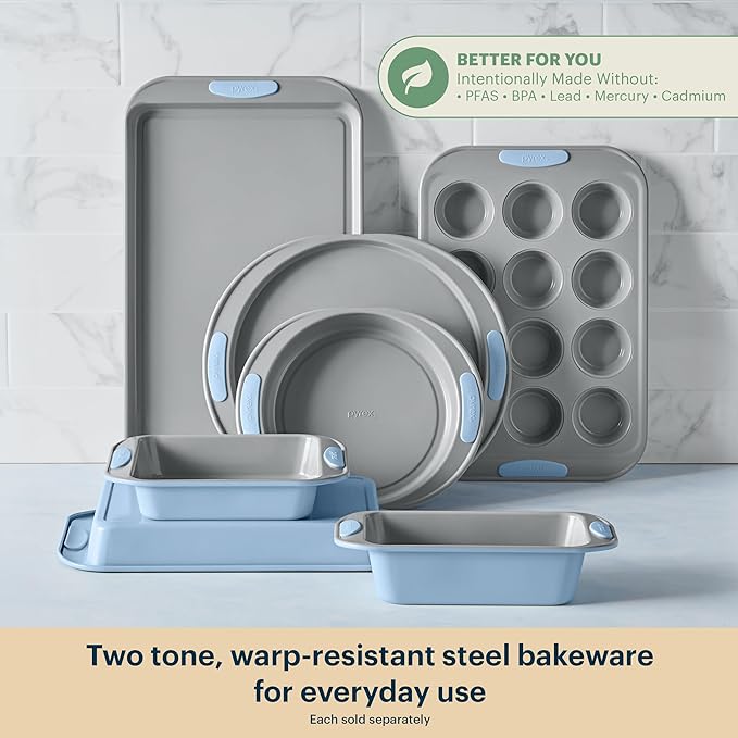 Pyrex (3-Piece) Metal Cookie & Muffin Sheet Bakeware Set, Lightweight Stainless Steel Baking Trays with Heatsafe Silicone Handles, Cookie Muffin Sheet Baking Pan, Cerulean