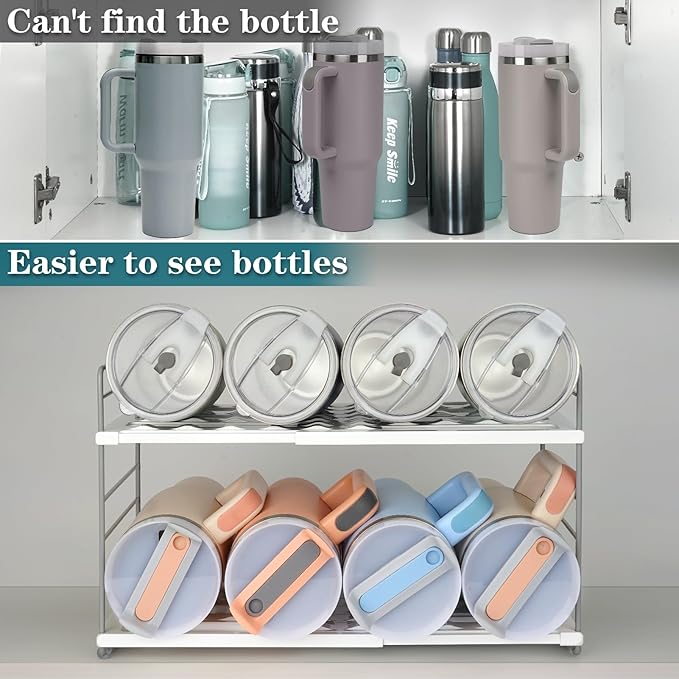 Water Bottle Organizer For Cabinet, Adjustable Tumbler Storage, Expandable Water Bottle Holder For Kitchen Organization, 2 Tier Cup Organizer For Sports Flask Insulated Travel Mug Fridge, White