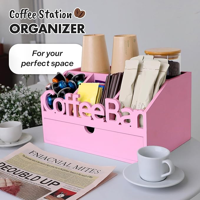 Coffee Bar Organizer for Countertop – Wooden Coffee Station, Tea and K Cup, Condiment Storage Rack, Coffee Pod Holder for Home and Office Counter Organization (Drawer - Pink)