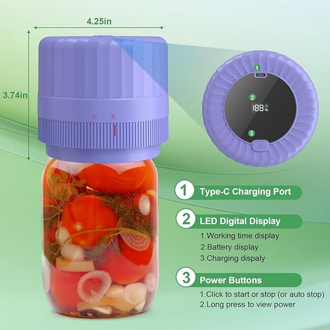 VP06+ Mason Jar Vacuum Sealer, Electric Vacuum Sealer for Jars with Wide and Regular Mouth Mason Lids, Cordless Handheld Jar Vaccum Sealer for Food Storage, Ideal Present for Mom, Wife, Purple