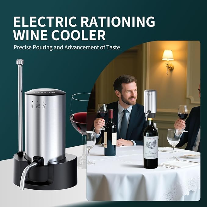 Upgraded Wine aerator Electric Wine Decanter, Rechargeable Automatic Wine Dispenser withStorage Base,Two Modes:long press to continuously Dispense wine/single press to Dispense75ml of Wine(Silver-set)