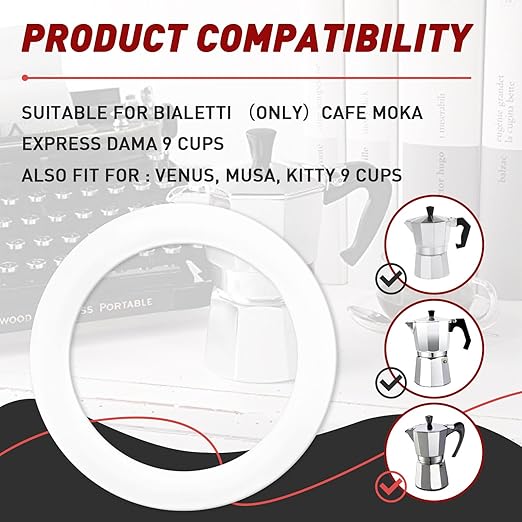6 Pcs Gasket Seal Rings for Bialetti Moka Express Dama 9 Cups - Spare Food Grade Silicone Sealing Rings for Aluminium Stovetop Coffee Maker Pots (Better Than Rubber)