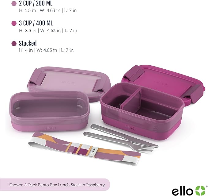 Ello 2-Pack Lunch Stack Plastic Food Storage Container Bento Box with Airtight, Leak-Proof Locking Plastic Lids and Silicone Base, BPA-Free, Freezer, Microwave, and Dishwasher Safe, Raspberry