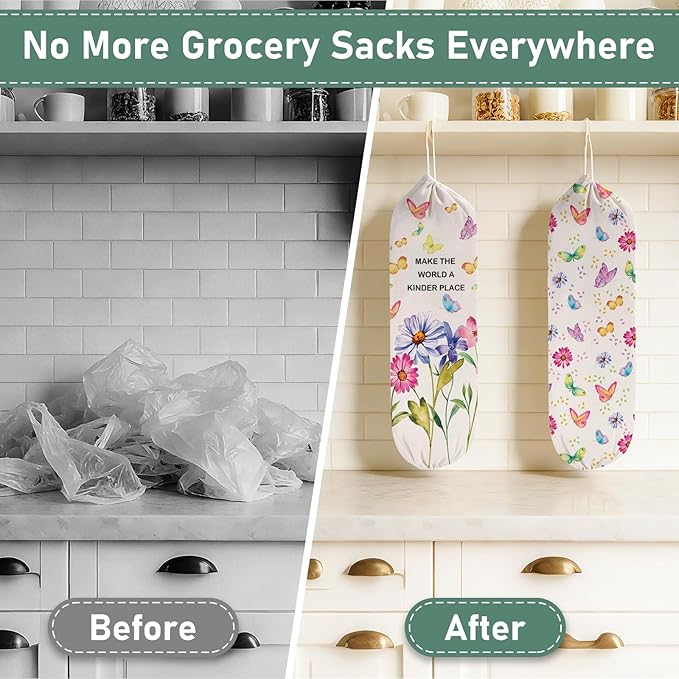 2PCS Butterfly Plastic Bag Holder for Kitchen Essentials, Reusable Hanging Grocery Bag Organizer, Washable Large Grocery Trash Garbage Bags Storage Dispenser Butterfly Kitchen Decor