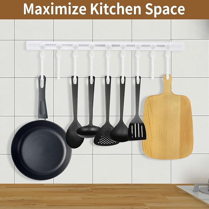 Kitchen Utensil Hanging Rack - Hooks for Kitchen Utensils, No Drilling Wall Mounted Utensils Holder, Kitchen Rail Rack with 10 Hooks Hanger for Bedroom Bathroom (Pack of 4)