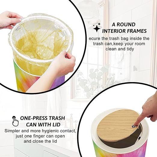 Trash Can with Lid Dye Shibori Trendy Aquarelle Dye Colorful Dye Fabric Press Top Round Small Garbage Bin with Wooden Legs Waste Basket for Kitchen Bedroom Nursery 7L/1.8 Gallon