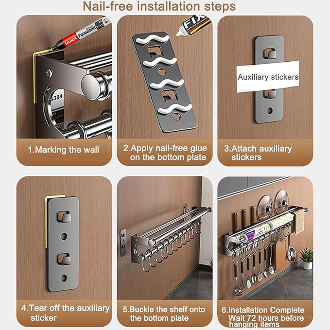 Hanging Wall Mount Knife Wall Mount,Kitchen Utensil Hanger,Space-Saving Kitchen Utensil Rack with Hooks,Kitchen Storage Shelf for Utensils Spatula Spoon, Easy to Clean (Grey, 50CM+10Hook)