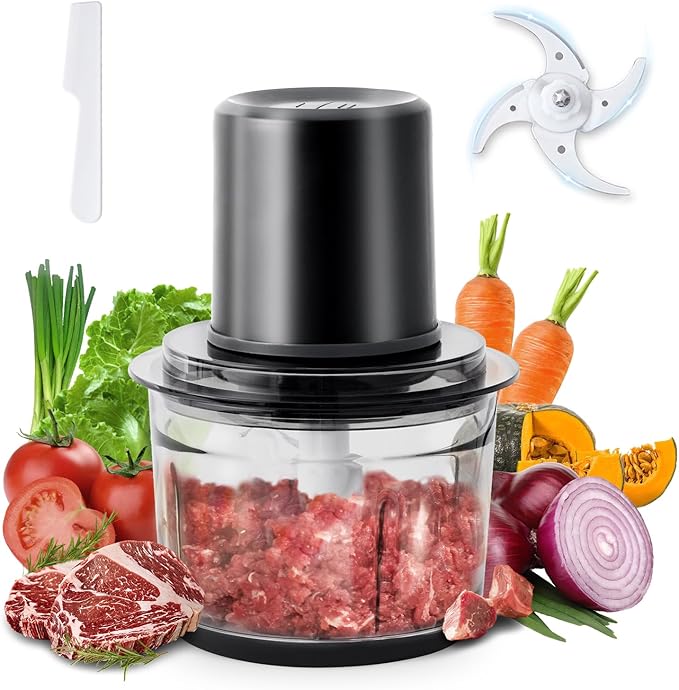 olayks Food Processor, Electric Meat Grinder with 4 Stainless Steel Blades, 1.2L Food Chopper Small Grinder Meat Processor with 2 Speeds for Vegetable, Fruits, Baby Food, Meat, Garlic, 5 Cups