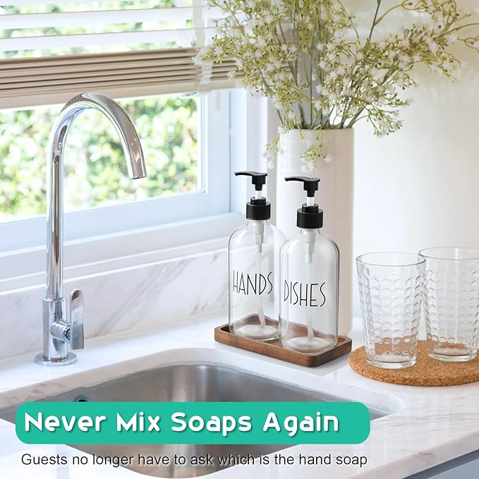 ALELION Glass Soap Dispenser with Pump - 16 OZ Clear Dish and Hand Soap Dispenser Set with Acacia Wood Tray for Kitchen Bathroom - Modern Liquid Pump Bottles