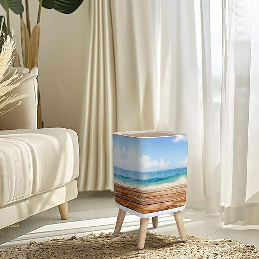 Small Trash Can with Lid Wooden table top blurred summer blue sea sky space for your display Wastebasket with Press Cover Dog Proof Garbage Can Waste Bin for Kitchen Bathroom Nursery 2.6 Gallon