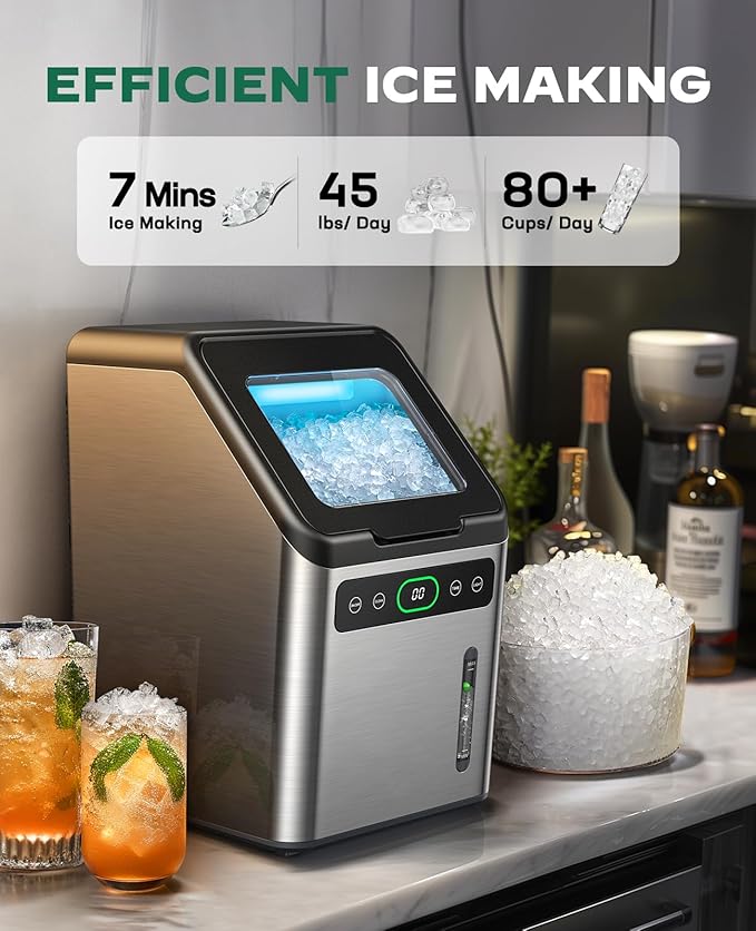 Totnz Nugget Ice Maker Countertop, 44lbs per Day with Self-Cleaning Function，Timer Pebble Ice Maker with Soft Chewable Ice for Home Kitchen Office Bar Party,Stainless Steel