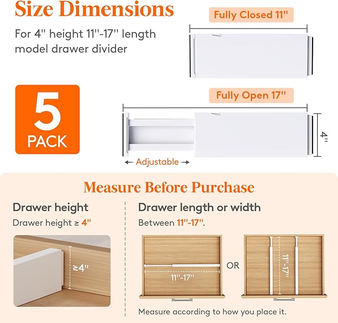Lifewit 5 Pack 4" High Drawer Dividers 28-43.5cm/11-17" Adjustable Drawer Organizer for Clothes/Utensils, Expandable Drawer Separator in Dresser/Kitchen/Bedroom/Office Organization & Storage White