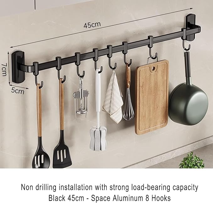 Rail Rack Organizer Self Adhesive Kitchen Utensil Rack Aluminum Wall Mounted Hanging Rail 8 Removable Hooks Pots Pans Spoons Knives,Black,45cm