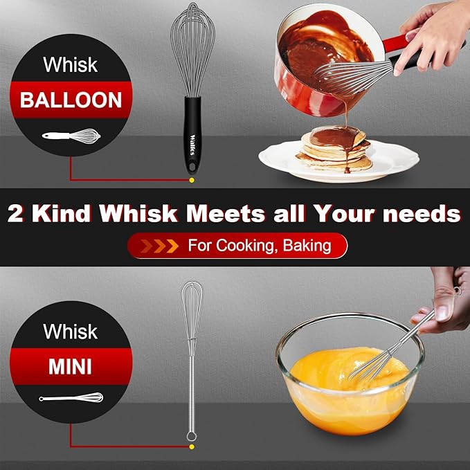 Walfos Whisk, Silicone Whisks Set of 5, Mini Stainless Steel Whisk 7in+5in and Non Scratch Coated 7+9+11in Whisks, Suitable for Blending, Whisking, Beating, Frothing & Stirring. (Grey)