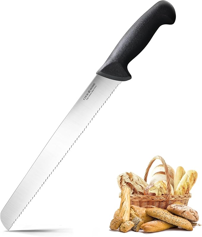Cook N Home Bread Slicer Knife 10-Inch, Wavy Serrated High Carbon Stainless Steel Sharp Kitchen Knife, Ergonomic Handle, Black