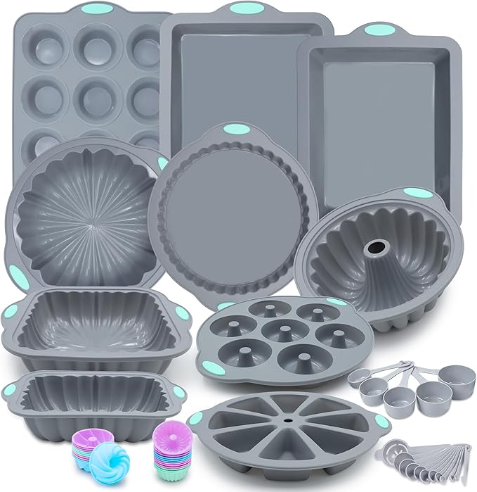 To encounter 51 Piece Silicone Baking Pan Set, Non-Stick Bakeware Set with Baking Pans, Reusable Donut Mold, Food-Grade Silicone Molds for Cakes, Cookies, Muffins, Bread, Light Grey