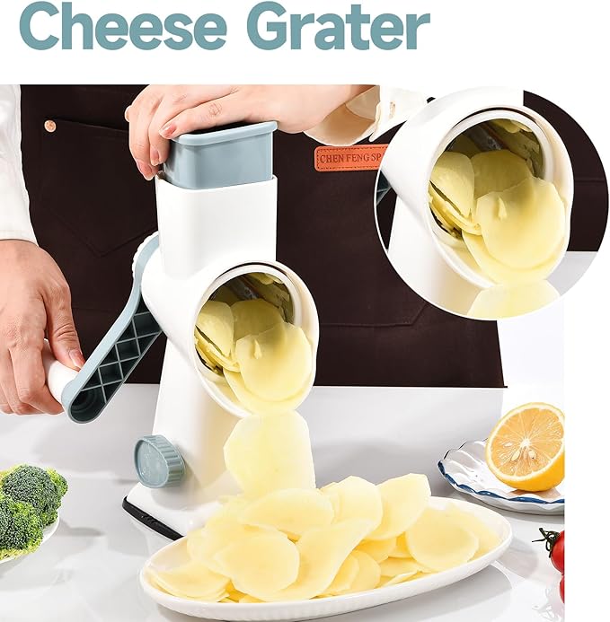Rotary Cheese Grater with Handle Kitchen Shredder Slicer Grater Slicer Ice Shaver Cheese Vegetable Nuts Potato Zucchini Chocolate 3 Interchangeable Blades (WhiteBlue)