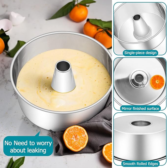 E-far Angel Food Cake Pan Set of 2, 10-Inch Stainless Steel Tube Pan for Baking Pound Chiffon Cake, One-piece Design & Non-toxic, Dishwasher Safe
