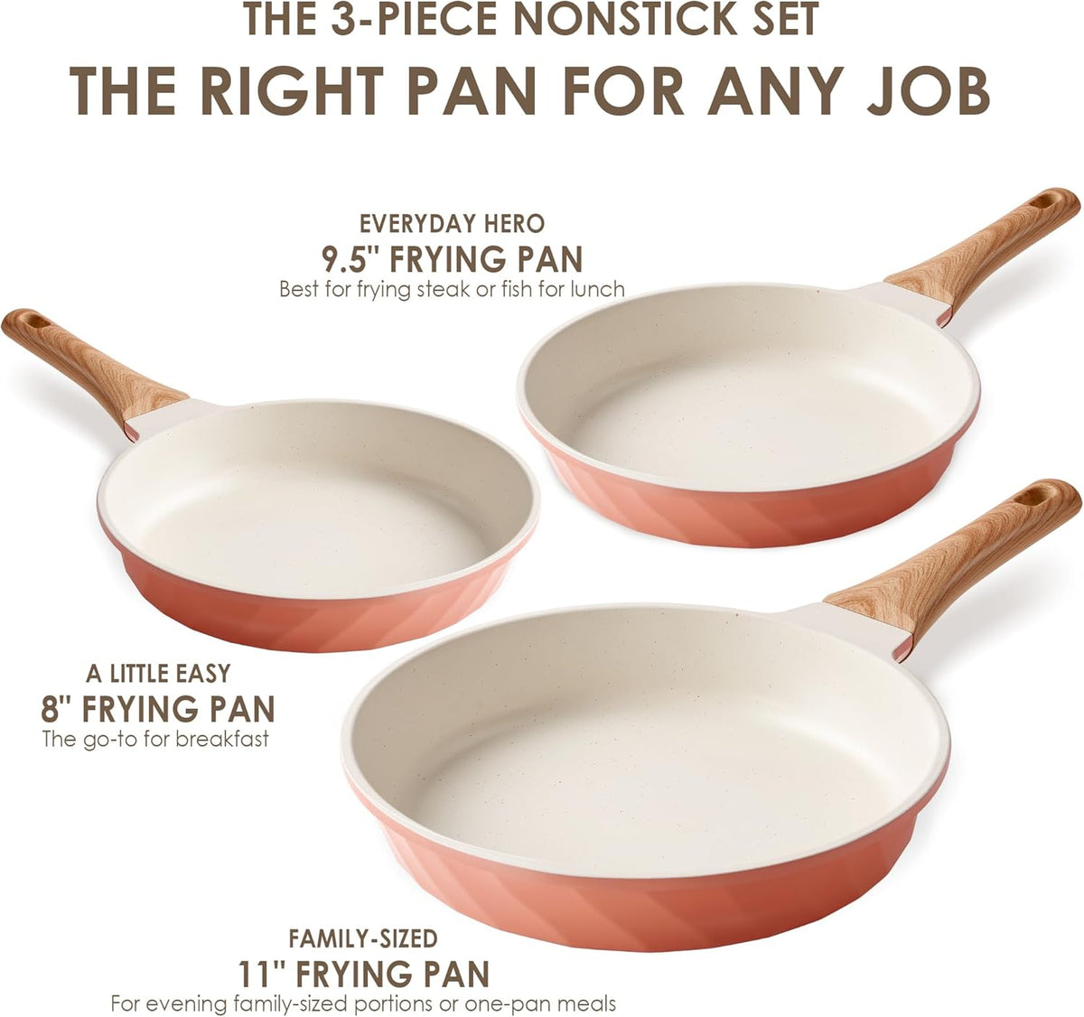 Frying Pans Non stick - 3 PCS Nonstick Frying Pan Set Omelette Pans for Cooking Set, Granite Skillet Set Kitchen Induction Cookware Chef's Pan Gift, 8", 9.5" &11", Coral Pink