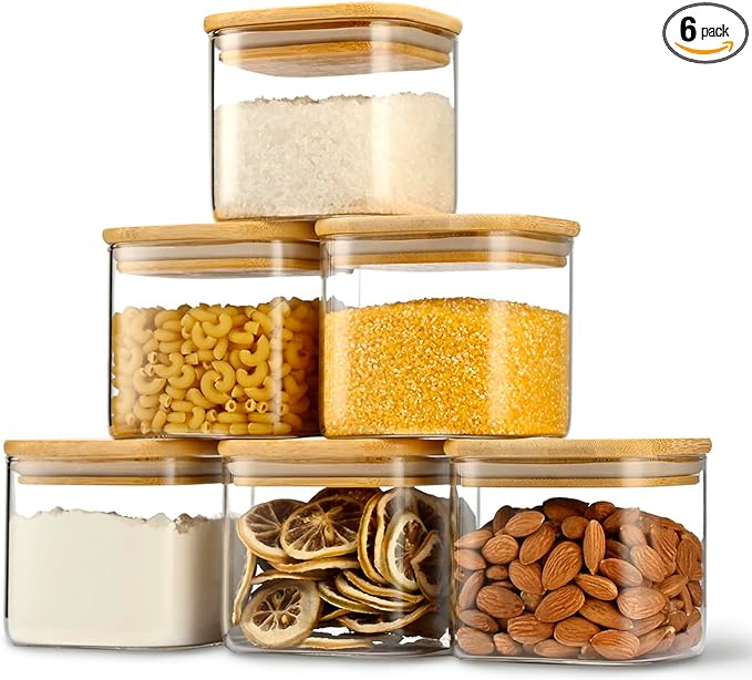 D2scrma 22oz Airtight Square Spice Containers with Bamboo Lid Set of 6 (650ml) Kitchen Pantry Organization Jar Stackable Spice Jar, for Sugar, Tea, Cookies and Coffee beans (‎with Black Lable)