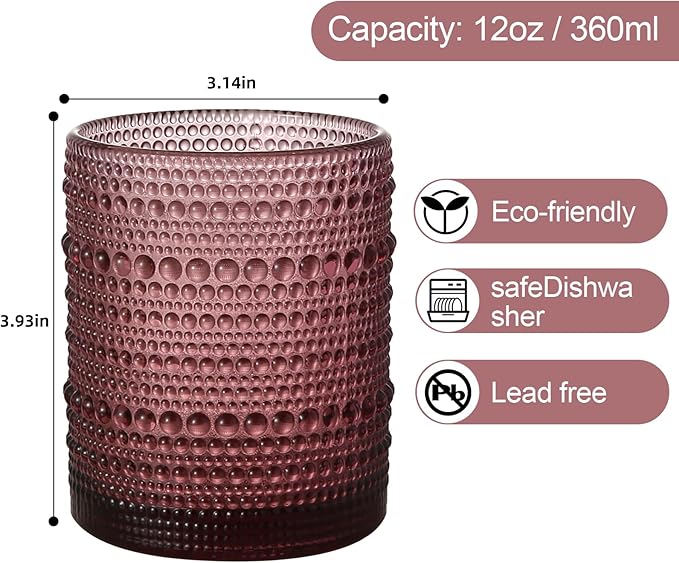 ZMOWIPDL Vintage Glassware Drinking Glasses Set of 6,12 oz Hobnail Glass Cups,Embossed Purple Water Tumbler,for Beer,Cocktail,Whiskey,Juice and Various Mixed Drinks- 1 Cleaning Brush