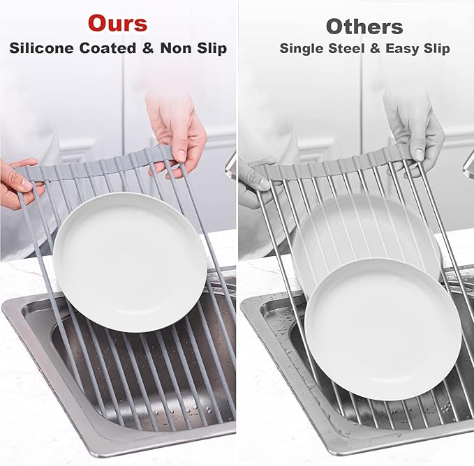 MERRYBOX Roll Up Dish Drying Rack, Over The Sink Dish Rack Foldable, Heat-Resistant, Anti-Slip Silicone Coated Dish Drainer for Kitchen Counter, Large & Multipurpose Sink Drying Rack, 20.5" x 13.1"