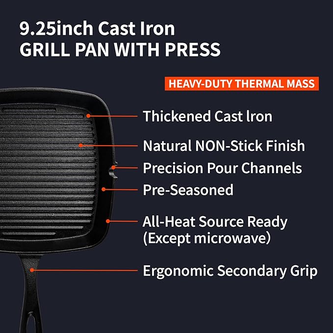 Cast Iron Grill Pan,9.25" Pre Seasoned Skillet with Pour Spouts,Silicone Handle Cover for Indoor and Outdoor Grilling,Durable Oven Safe,Stove Campfire Use(Black)