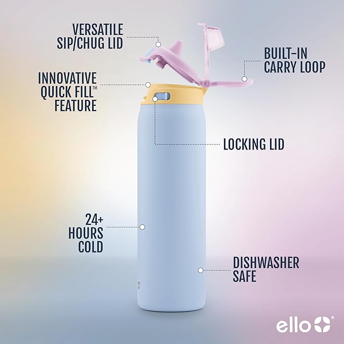 Ello Pop & Fill 40oz Stainless Steel Water Bottle with Quick Fill Technology, Double Walled and Vacuum Insulated Metal, Leak Proof Locking Lid, Sip and Chug, Reusable, BPA Free, Coastal Sunrise