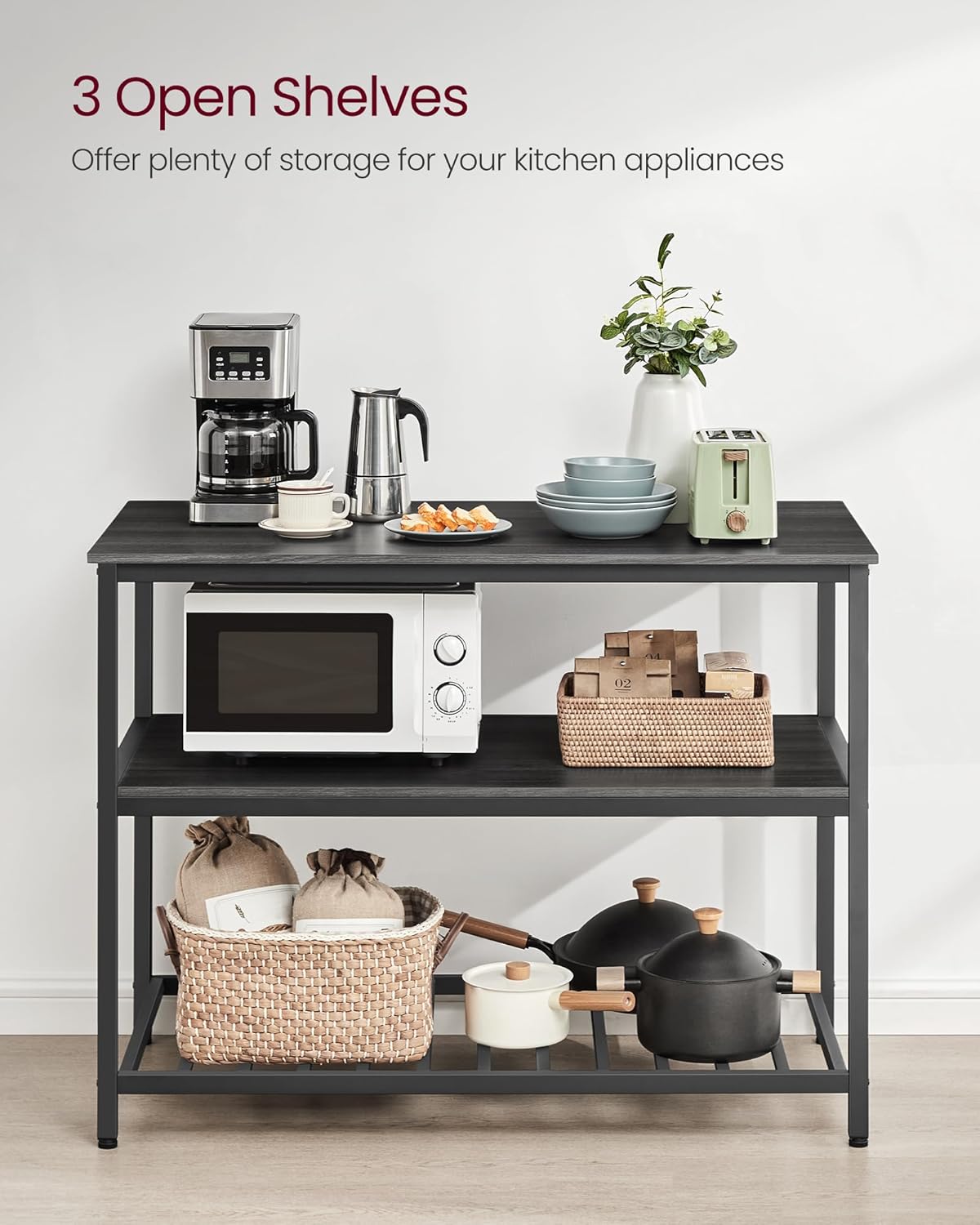 VASAGLE Kitchen Island with 3 Shelves, 47.2 Inches Width Kitchen Shelf with Large Worktop, Stable Steel Structure, Industrial, Easy to Assemble, Ebonised Oak and Black UKKI001B42