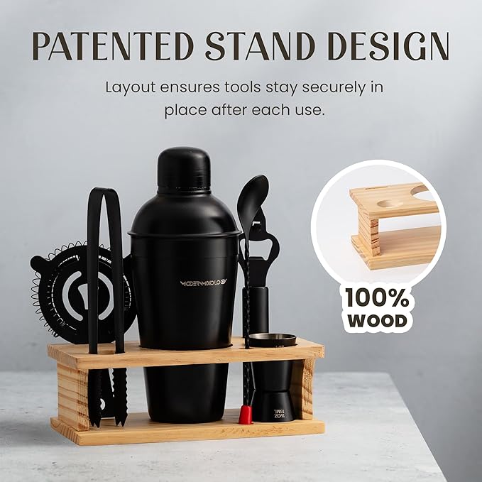 Modern Mixology Cocktail Shaker Set - Bartender Kit with Pine Stand | Leak-Proof Design | Includes Martini Shaker, Jigger, Strainer, Spoon, Tongs | Perfect Bar Tools Gift for Home Mixology (Black)