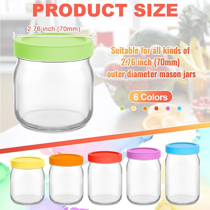 Teenyyou 12 Pcs Silicone Regular Mouth Lids Mason Jar Lids Thickened Leak Proof Lid for 70 mm All regular mouth Mason Jars, Reusable Large Canning Jar Caps(Red Orange Yellow Green Blue Purple)