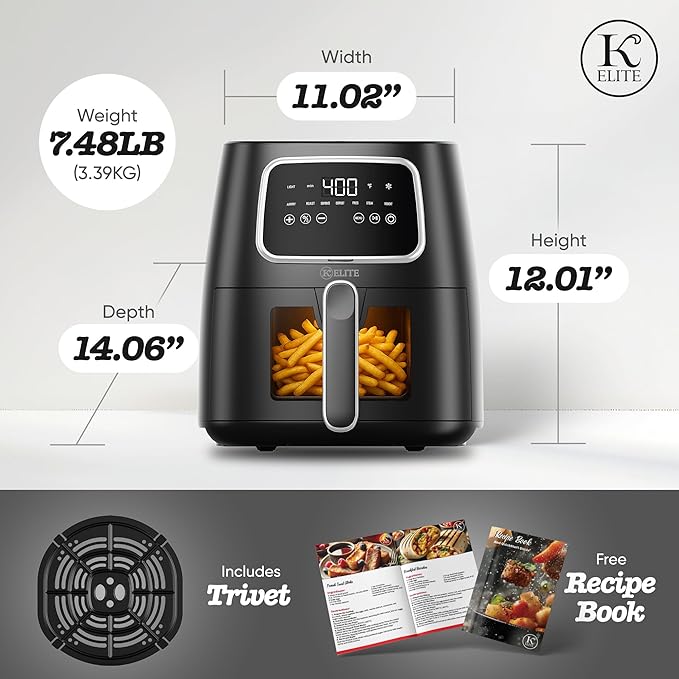 Kitchen Elite 5.5 Qt. Digital Air Fryer, Countertop Cooker with LED Screen, Presets for Air Fry, Roast, Dehydrate, Defrost and Reheat, Black