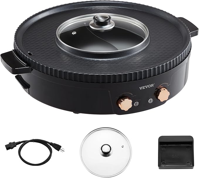 VEVOR Hot Pot with Grill, 1800W 2-in-1 Electric Smokeless Grill and Hot Pot, Korean BBQ Shabu Shabu Hotpot with Separate Dual Temperature Control, Non-stick Pan, for 2-8 People Family Dining
