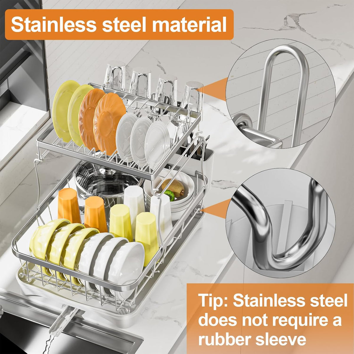 Dish Drying Rack Kitchen 2-Tier 304 Stainless Steel Dish Racks for Kitchen Counter,Strainer with Adjustable Draining Tray,Drying Rack with Water Cup Hook & Cutlery Holder,White