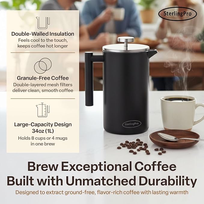SterlingPro Stainless Steel French Press Coffee Maker 1 L (34 oz) Black – Double Walled Insulated Large Coffee Press, Durable Design Keeps Drinks Hot, Easy to Use and Clean for Rich Flavor Brewing