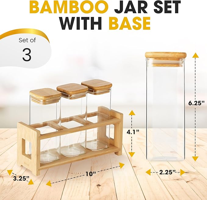 Mini Glass Storage Containers with Lids & Display Rack - Small Air Tight Spice Jars & Sealable Coffee Canister with Sticker Label & Pen (Set of 3)
