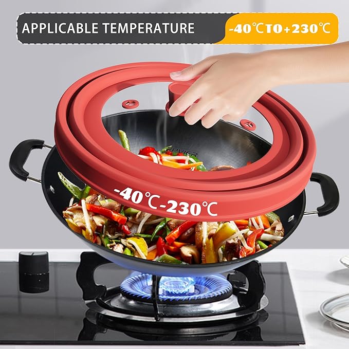 Microwave Splatter Cover, Vented Silicone and Glass Cover Splatter Guard Lid, Food Collapsible Plate Cover Lid with Easy Grip Handle. (Red, 11.8 inch)