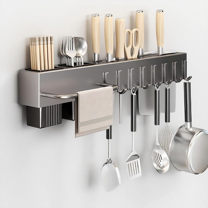 SEIDO Carbon Steel Utensil Rack – Space-Saving 20" L Kitchen Organizer with hooks & hanging bar, Gunmetal Gray Knife Holder, 2 Installation Options (Adhesive/Screwed)