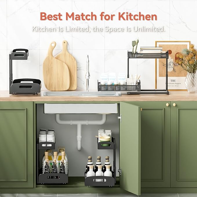 YASONIC 2 Pack Under Sink Organizer, 2 Tier Height Adjustable Kitchen Cabinet Organizer, Pull Out Metal Cabinet Shelf Organizer, Under the Sink Organizers and Storage for Kitchen & Bathroom, Black